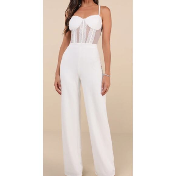 Lulus Pants - LULU'S M Perfectly Sultry White Sheer Mesh Bustier Wide-Leg Jumpsuit NWT B84